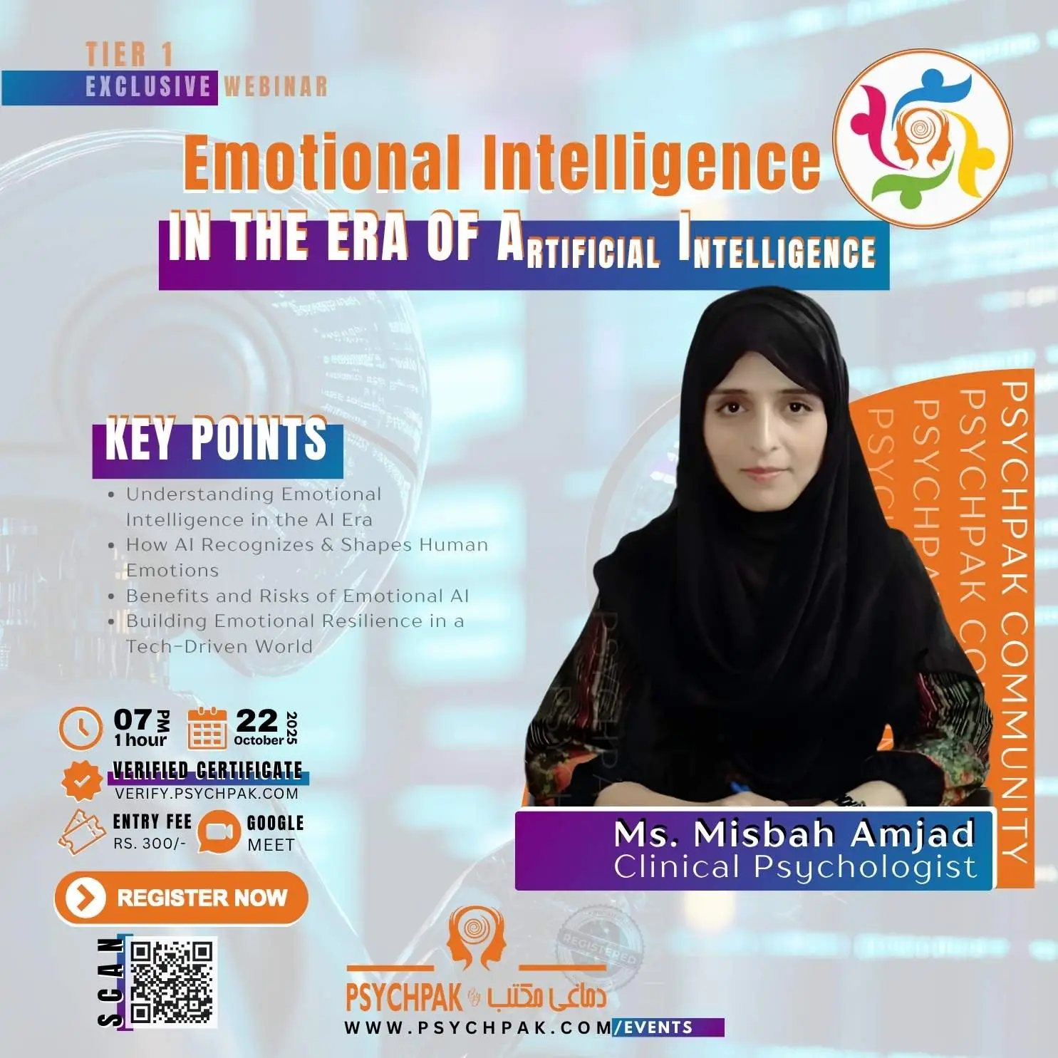 Poster of PSYCHPAK online session titled ‘Emotional Intelligence in the Era of AI’ with speaker Misbah Amjad, exploring the intersection of psychology, emotions, and artificial intelligence. Includes session date October 22, 2025, and Verified Certificate detail.