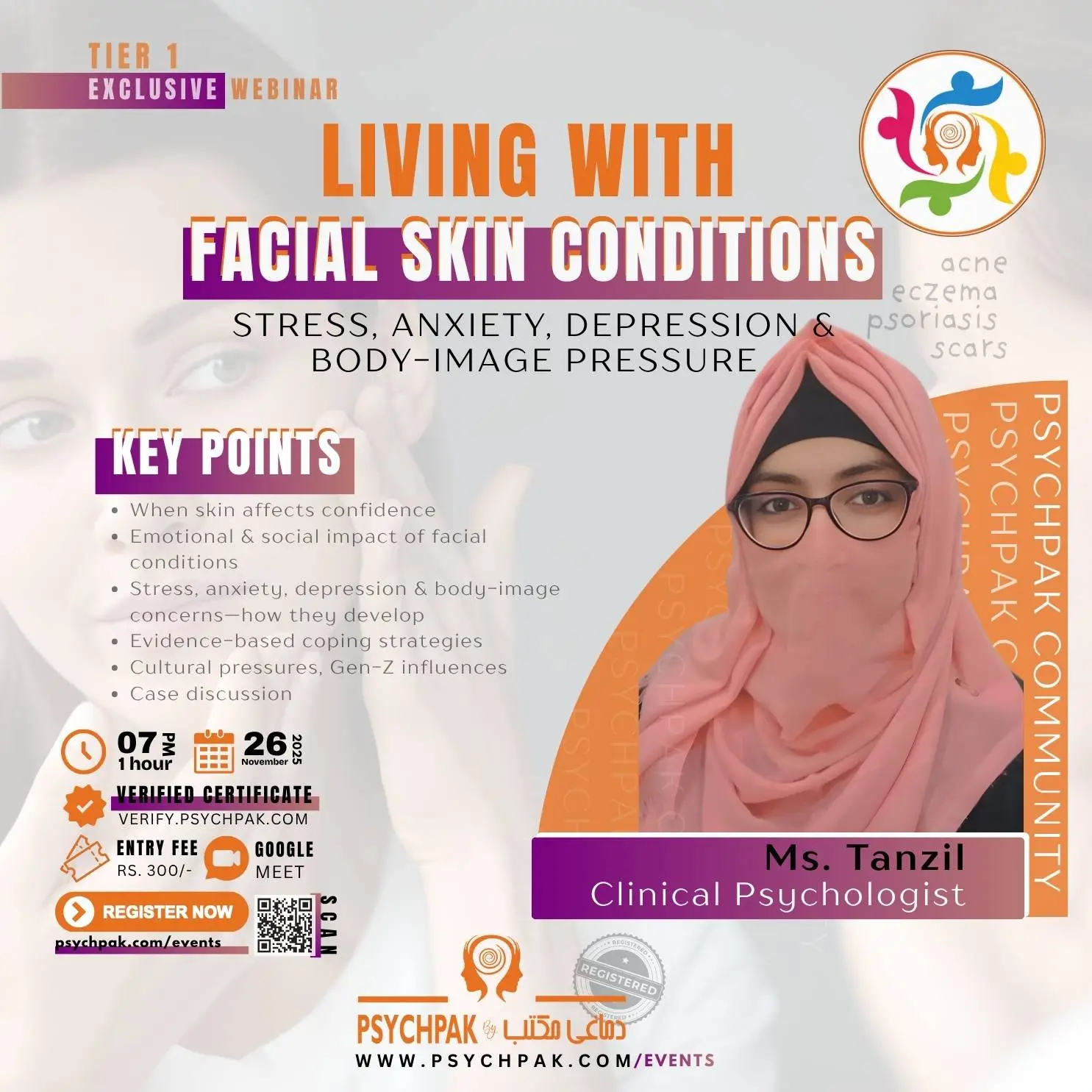 PsychPak webinar on mental health impact of facial skin conditions, body-image challenges, stress and coping.